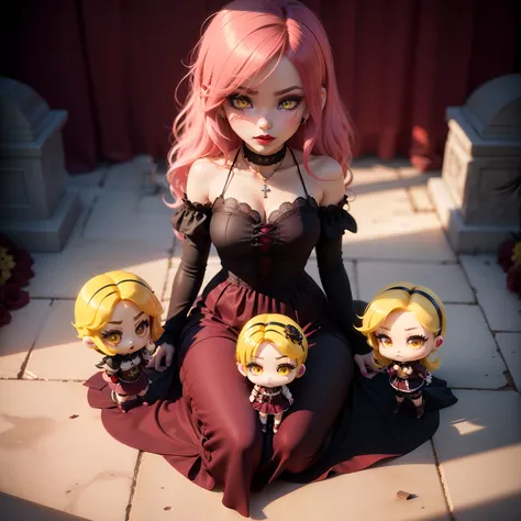 Cute Baby Chibi Anime、(((Chibi 3D))) (Best Quality), (masutepiece)、Sit and rest on a tombstone in a dark and quiet cemetery, Take a break in a gothic lolita dress, Wearing ((Black:0.8) And (Burgundy:1.1) very long dress:1.3) With cross motif and lace flora...