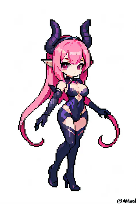 selena /(mobile legend/), mobile legend. cleavage, (masterpiece, top quality, best quality), pixel, pixel art, 1girl, full body, use abbysal worm, pink hair, black suit, devil horn