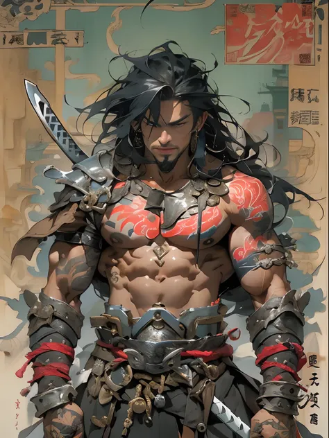 (((mtu))), (((best qualityer))), (((tmasterpiece))), (((AS-Adult))), ((( Japanese ))), Look up from your knees, Handsome Asian samurai，perfect body figure, Modern samurai, ((( Asian))), Wear gloves on your hands，The left arm is made of steel and metal tips...