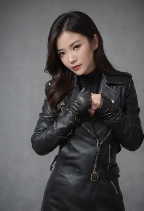 Upper body covered with black leather gloves up to the fingertips in both hands, black leather double riders jacket, slender necklace, beautifully bundled black hair, young and cute Japanese presidents room