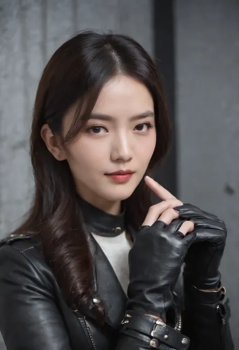 Upper body covered with black leather gloves up to the fingertips in both hands, black leather double riders jacket, slender necklace, beautifully bundled black hair, young and cute Japanese presidents room