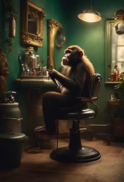 "Humanoid monkey hairdresser in his salon waiting for his clients" (realistic illustration)