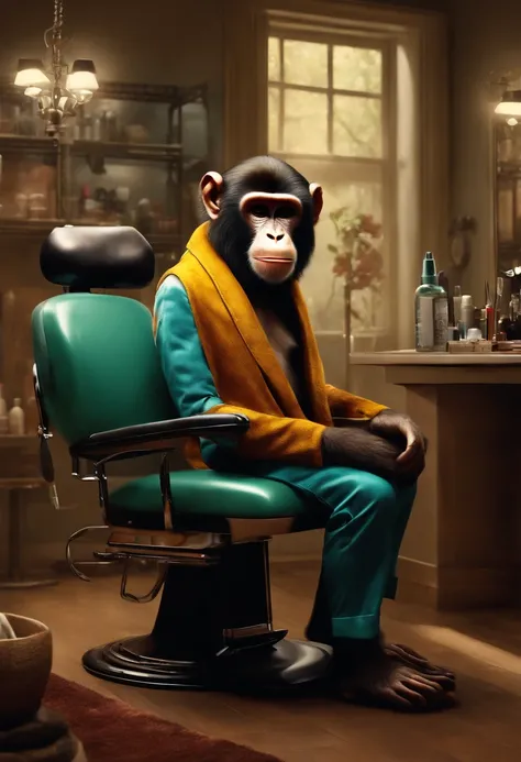 "Humanoid monkey hairdresser in his salon waiting for his clients" (realistic illustration)