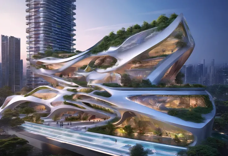 Urban design of the future，The shape of the building is special，There is a sense of design，aestheticly pleasing，Renderings，There are flowers，There are greenery， Rich in color