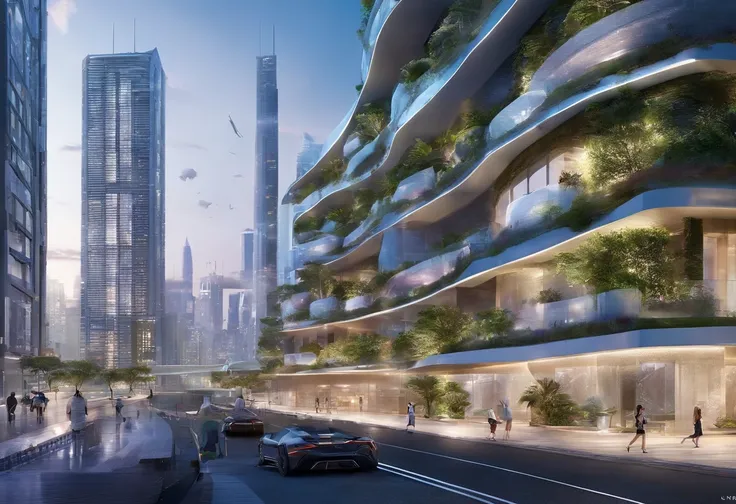 Urban design of the future，The shape of the building is special，There is a sense of design，aestheticly pleasing，Renderings，There are flowers，There are greenery， Rich in color