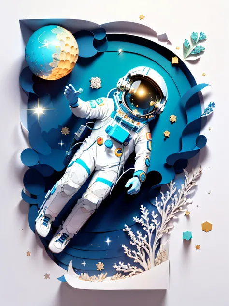 ((Masterpiece))), Best Quality, Light Blue Illustration, ((Astronaut)), Starry Sky, paper_cut, (White Background: 1.1)