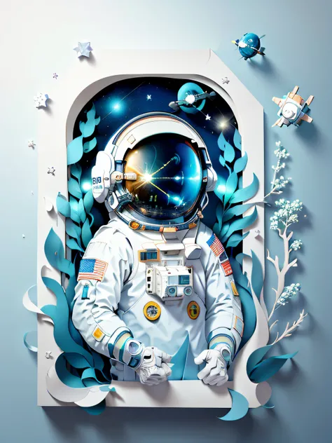 ((Masterpiece))), Best Quality, Light Blue Illustration, ((Astronaut)), Starry Sky, paper_cut, (White Background: 1.1)