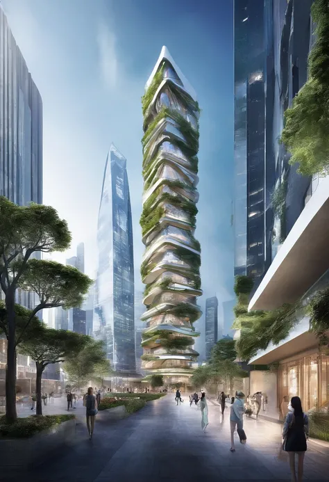 Urban design of the future，The shape of the building is special，There is a sense of design，aestheticly pleasing，Renderings，There are flowers，There are greenery， Rich in color