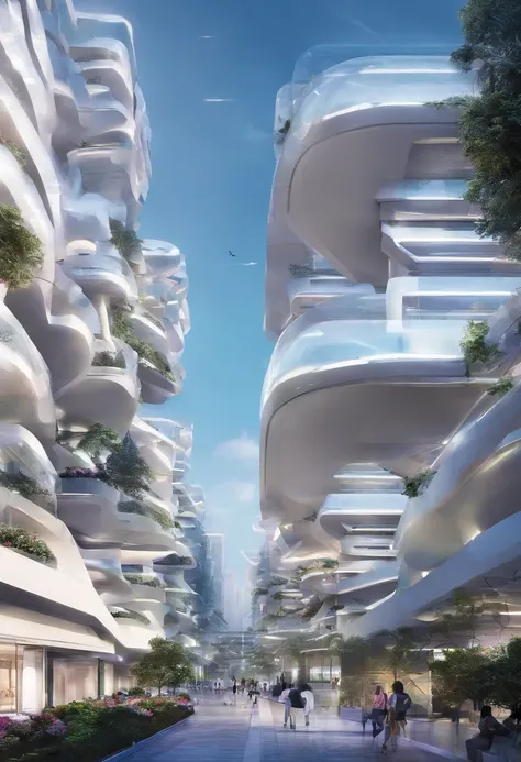 Urban design of the future，The shape of the building is special，There is a sense of design，aestheticly pleasing，Renderings，There are flowers，There are greenery， Rich in color