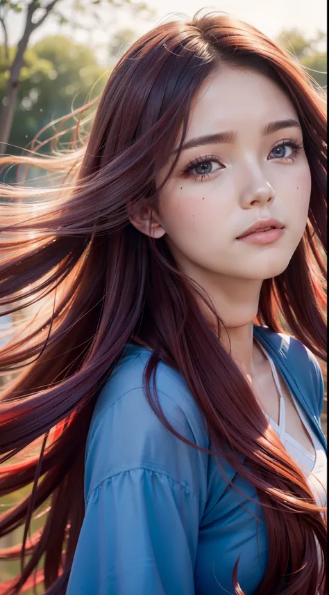 Best quality, A high resolution, Ultra-detailed, Realistic, Beautiful red to blue gradient wavy long hair blowing on a womans serene face in a soft breeze, Long flowing hair was lifted, Vibrant flowers in the background of the park, Close-up shot