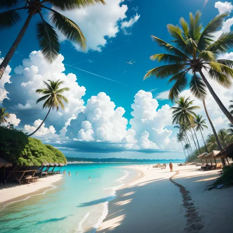 Rows of coconut trees on the beach, a small boat, tourists are sleeping, the sky is blue with dark clouds, birds are flying in the sky.