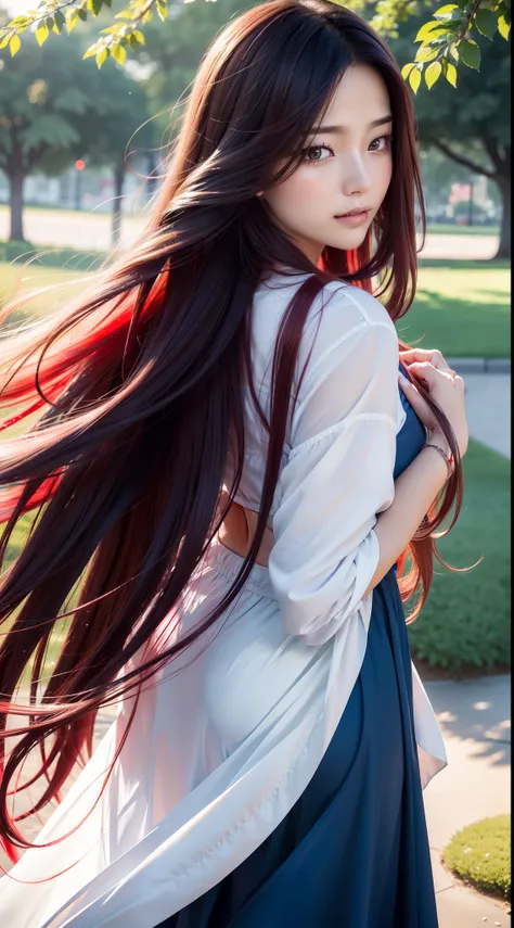 Best quality, A high resolution, Ultra-detailed, Realistic, Beautiful red to blue gradient wavy long hair blowing on a womans serene face in a soft breeze, Long flowing hair was lifted, Vibrant flowers in the background of the park, Close-up shot