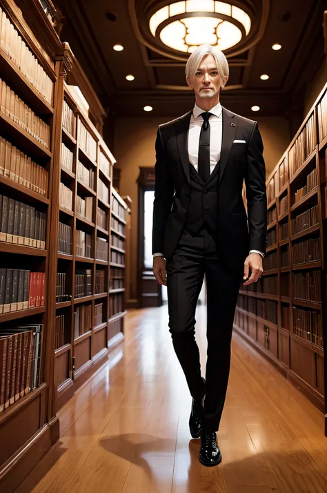 gorgeous man, Strong physique, Black social top, Long white pants, Black social shoes, The blonde hair parted in the middle, Straight hair, with brown eye, Slender appearance, elegant, library scenery, Brown tie, Indifferent eyes, Old Kingdom, man in his 4...