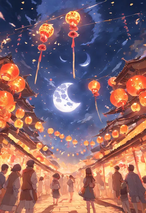 Mid-Autumn Festival、Moon、themoon、Sun Star、Mooncake stalls、Concert、band、fire works、UAVs、environment friendly、tradit、celebrating、enviroment、The villagers、Plaza、Bamboo lanterns、the night、celebrating、Artistically、device、decor、castoff、save、resource，high definit...