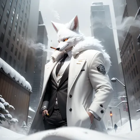 ((realistic)), ((detailed)), illustration, scene perspective (urban setting), character appearance (white fur fox-headed and humanoid body wearing a sleek overcoat, and rings while smoking a cigar amidst a snowy morning with an imposing air), background el...