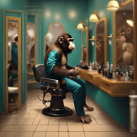 "Humanoid monkey hairdresser in his salon waiting for his clients" (realistic illustration) BRANCO