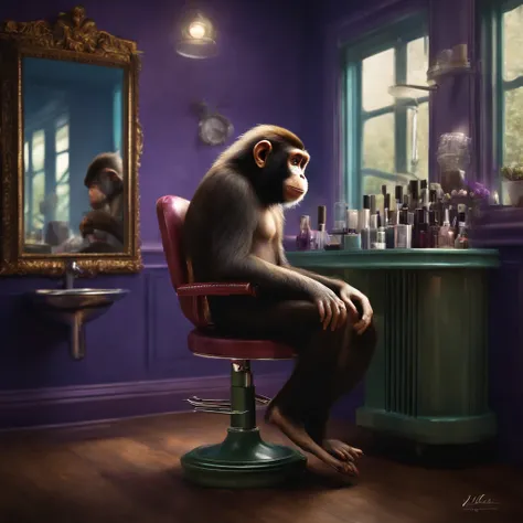 "Humanoid monkey hairdresser in his salon waiting for his clients" (realistic illustration) VIOLETA