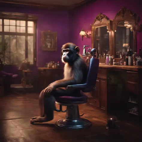 "Humanoid monkey hairdresser in his salon waiting for his clients" (realistic illustration) VIOLETA