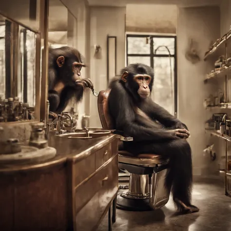 "Humanoid monkey hairdresser in his salon waiting for his clients" (realistic illustration)