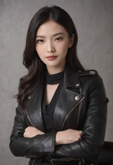 Both hands are covered with black leather gloves up to the fingertips, upper body, black leather double rider jacket, slender necklace, beautifully bundled black hair, young and cute Japanese presidents room, sitting on a black leather chair at a desk