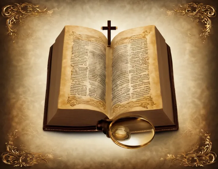 "Por favor, create a high-definition image of the Holy Bible with a magnifying glass that captures the reverence and spiritual significance of this holy book. The image should convey the historical and religious importance of the Bible, apresentando-a de f...