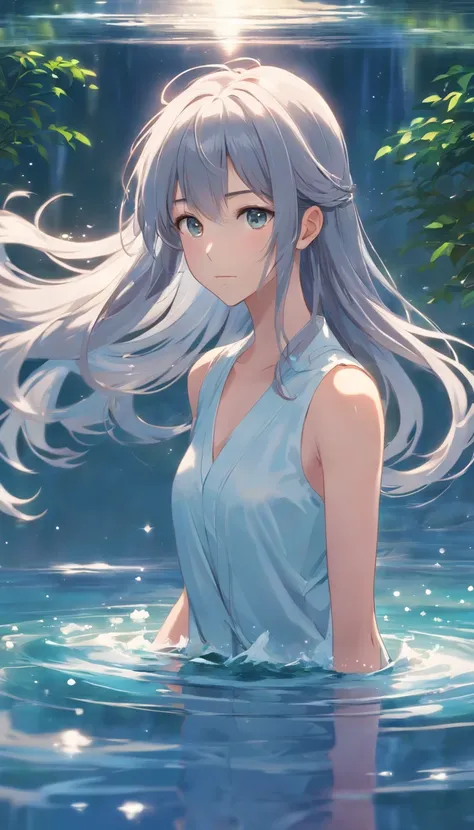 Japanese style，Young gray hair，shiny long hair, Flowing hair，white colors、Archaic background、backs、The whole body is reflected、Reflection in water、waterface、Mystical、Very delicate eyes