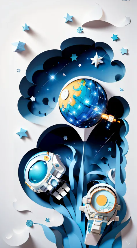 ((Masterpiece))), Best Quality, Light Blue Illustration, ((Astronaut)), Starry Sky, paper_cut, (White Background: 1.1)