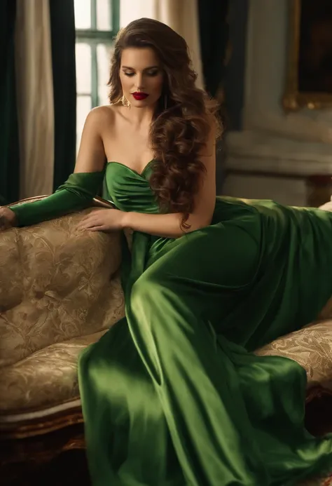 In the comfortable bedroom，afternoon sunshine，One in a blue dress，Woman wearing a long green scarf,lying on sofa， Redlip，Long curly hair，black lence stockings