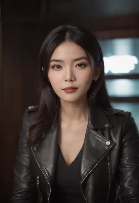 Wearing black leather gloves up to the fingertips in both hands and covering the upper body, black leather double riders jacket, slender necklace, a young and cute Japanese girl with beautiful black hair, sitting on a black leather chair facing the desk in...