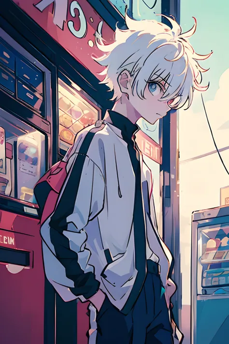 1boy, killua_zoldyck, solo, focus, teen, walking, looking down, worried, peach jacket, white shirt, shorts, upper body, from sid...