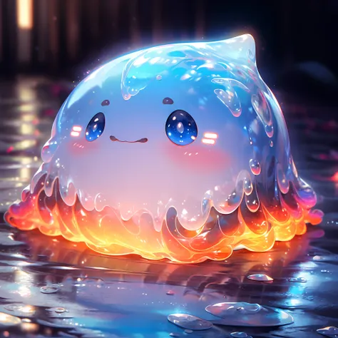 a shiny blue and red slime, cute face,vibrant and translucent texture, slime stretching and squishing, detailed, mesmerizing pat...