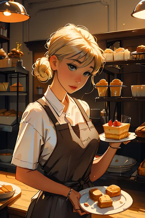 Girl with blonde hair, shop assistant, pastry shop assistant, pastry chef, aprons, plate in hand (high quality), (delicate face), very detailed, highest quality, professional lighting, It says "Good things to share" on the back,award-winning image.