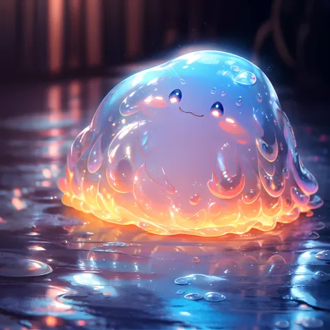 a shiny blue and red slime, cute face,vibrant and translucent texture, slime stretching and squishing, detailed, mesmerizing pat...