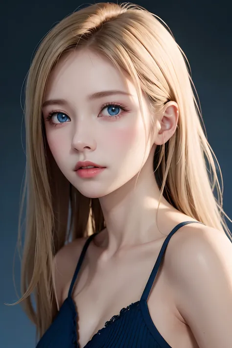 a 20-year-old woman, long blonde hair, blue eyes, dark theme, soft tones, soft colors, high contrast, (natural skin texture, hyperrealism, soft, sharp light), blue background, simple background,