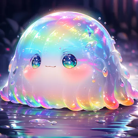 a shiny rainbow colorful slime, cute face,vibrant and translucent texture, slime stretching and squishing, detailed, mesmerizing...