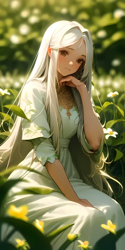 (masterpiece, best quality),1girl with long white hair sitting in a field of green plants and flowers, her hand under her chin, warm lighting, white dress, blurry foreground