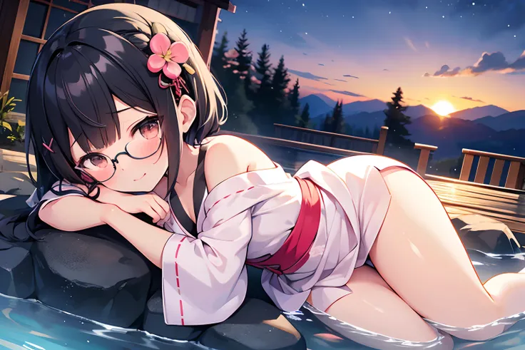 fullbody, fromside, onsen, sunset/twilightsky, megami magazine, loli / little girl, petite, lightsmile, embarrassed, medium breasts, yukata, black hair, hair behind ear, floating hair, shiny hair, nihongami, lone nape hair, x hair ornament, rimless eyewear...