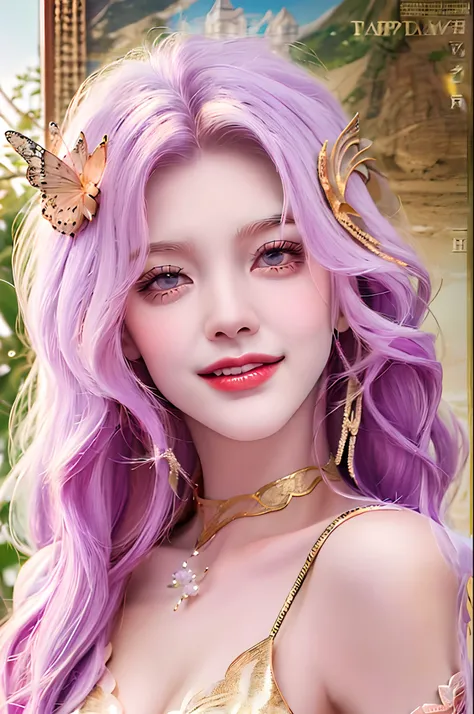 Illustration of a beautiful, delicate full-body layout of a 20-year-old woman: with a golden ratio face, a perfect body and a cheerful expression, a happy smile combined with white teeth attracts all eyes. look, long purple hair, pink lips, diamond jewelry...