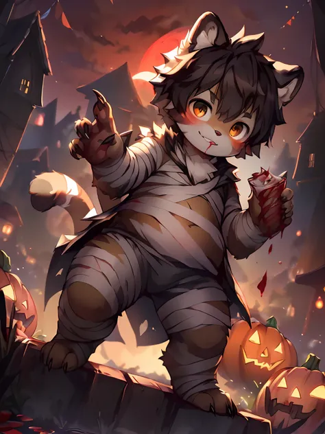 Masterpiece, Best quality, Bright eyes, (Furry, coyote,Mummy costume, Multicolored fur, Solo, Claws, Lick lip, blood in face, Halloween, Jack-o-lantern, Night, Blood Moon，Full body photo，Naked，bandagens，male people，boy((Slightly fat)) Bear cubs，toddlers，(a...