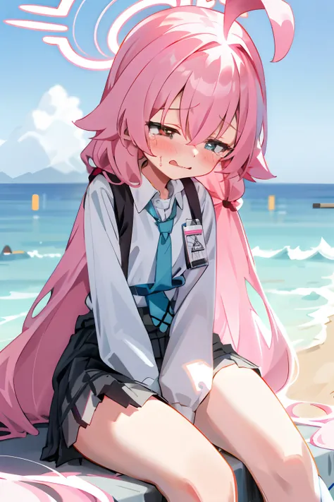 Hoshino (blue archive), 1 very long hair, girl in school uniform, miniskirt, pink hair, looking away, sitting and spreading crotch, embarrassed, blushing, crying, mouth closed, classroom