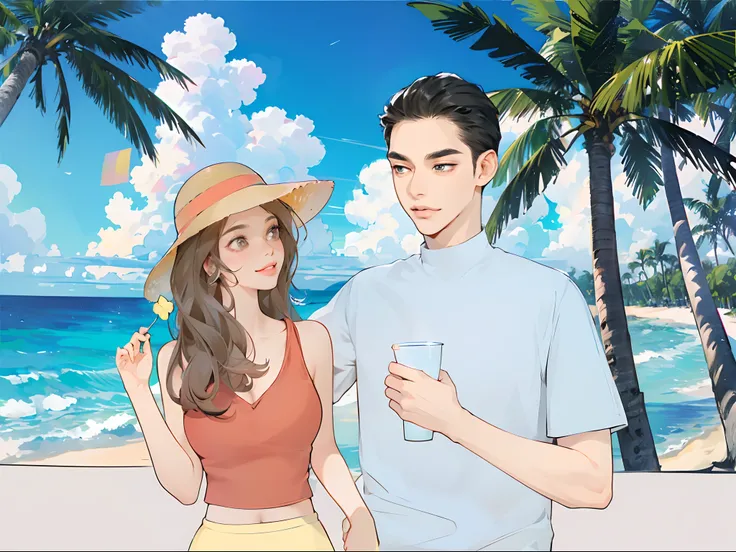 Image of Arafad of a man and a woman standing on the beach, at a tropical beach, in style of digital illustration, cute couple, Digital anime illustration, High-quality fanart,  beautiful drawing style, with straw hat, hand painted cartoon art style, Carto...