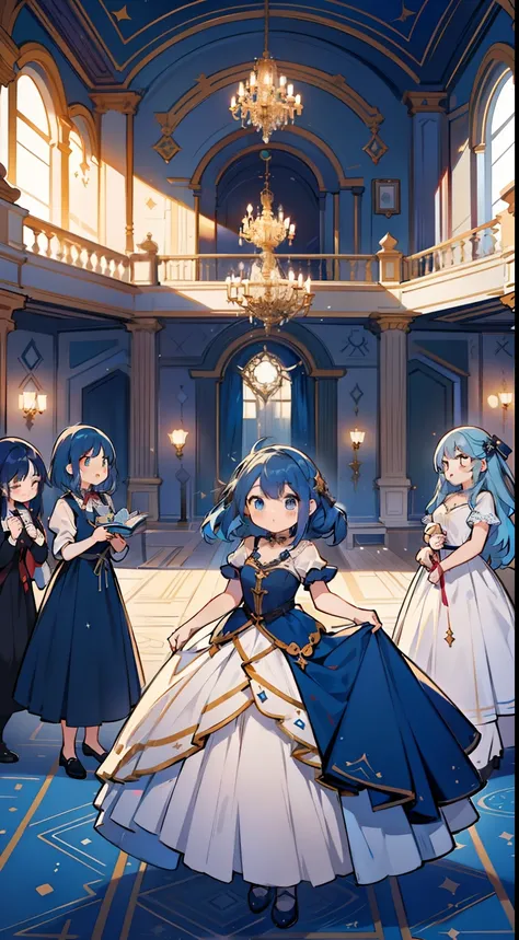 Multiple girls gathered at a party venue. ((The blue-haired girl in it is the protagonist.)). It will be a decorated and very luxurious room.. There is the word 100 at the top of the room.. Girls wear dress code to celebrate party. Looks fun. Colorful. hig...