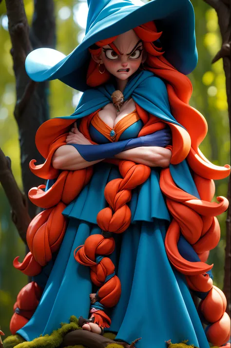 masterpiece, best quality, angry female witch in the forest with arms crossed wearing a blue pointy hat and orange hair and a blue cape and blue cloak