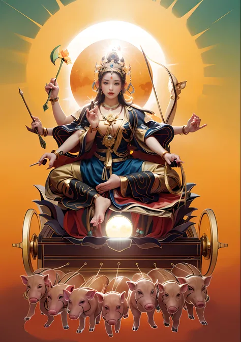 Beautiful woman sitting on a lotus in the car, ，(((Head background with round light)))，(((Behind it is the sun)))，wearing a blue，Three-headed，In total, The arm has eight mudras，Barefoot on both feet，There are seven piglets pulling carts in front，goddess of...