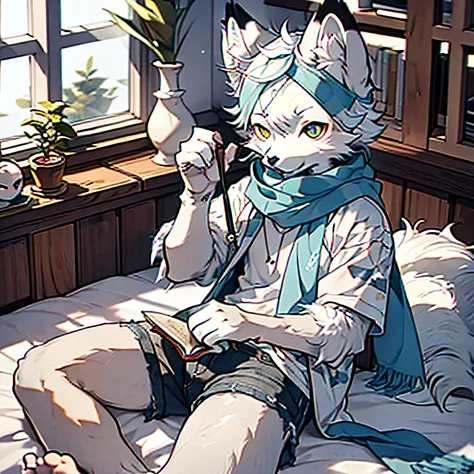 High detail,hyper qualit,high resolution,1080p,独奏,Furry,(Male arctic fox:1.5),(Gray fur:1.3),White skin,White ears,pale blue color eyes,(Fluffy tail:1.2),Shirtless，Wearing a blue scarf，Wear black loose shorts，Barefoot，Sit on the edge of the bed and read a ...