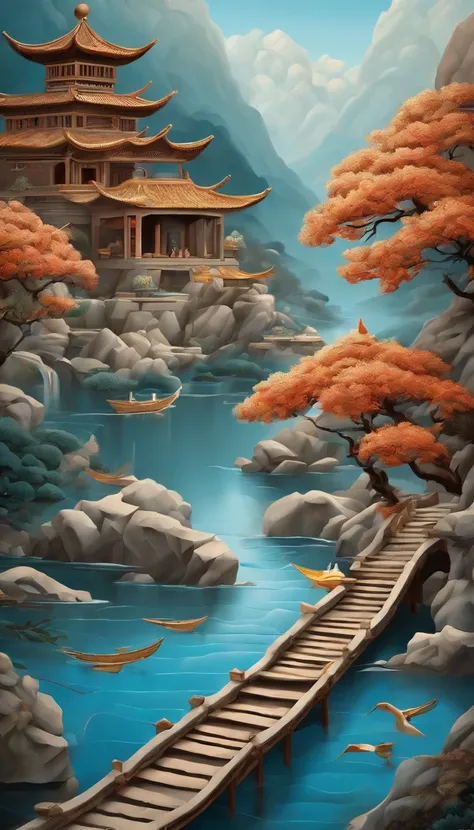 Chinese illustration on blue background, Auspicious clouds, 16k, 。.。.3D, Pastel, ravine stream, boat, pines, mountain ranges, Many houses, Many ancient buildings, multi dimensional paper quilling, Tunnel composition, Warm light, hyper HD, Elevation perspec...