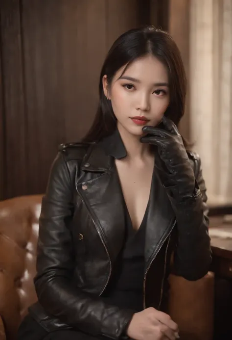 Wearing black leather gloves up to the fingertips in both hands and covering the upper body, black leather double riders jacket, slender necklace, a young and cute Japanese girl with beautiful black hair, sitting on a black leather chair facing the desk in...