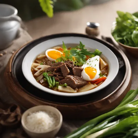 A bowl of beef noodles，Fresh vegetables，The poached egg aroma is overflowing，The brown shells are delicious and delicious，Pepper has a strong flavor，The yellow bamboo shoots are crispy and delicious，The fungus has a delicate taste，Tofu has a great final fl...