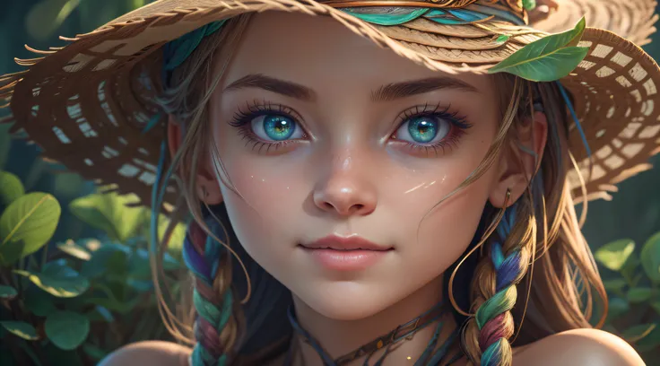 Sweet Goblin Girl. Wallpaper, photo, full length, masterpiece, best quality. in a straw hat. Highly detailed images of the highest quality, cinematic lighting, professional, perfectly detailed face. Expressive Cute Happy Eyes, 64k, Masterpiece, Realistic, ...