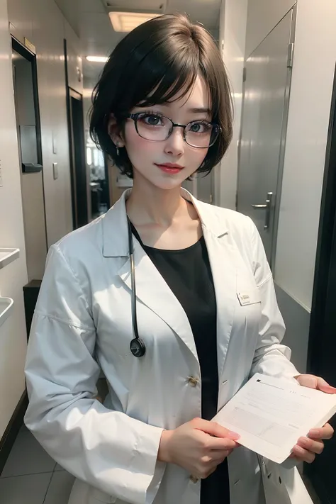 8K realistic video of cute female doctor, 25-years old, Short hair, Wearing glasses, Wearing a white coat, White clothes, Take notes on the clipboard, Evaluation formula, in infirmary,